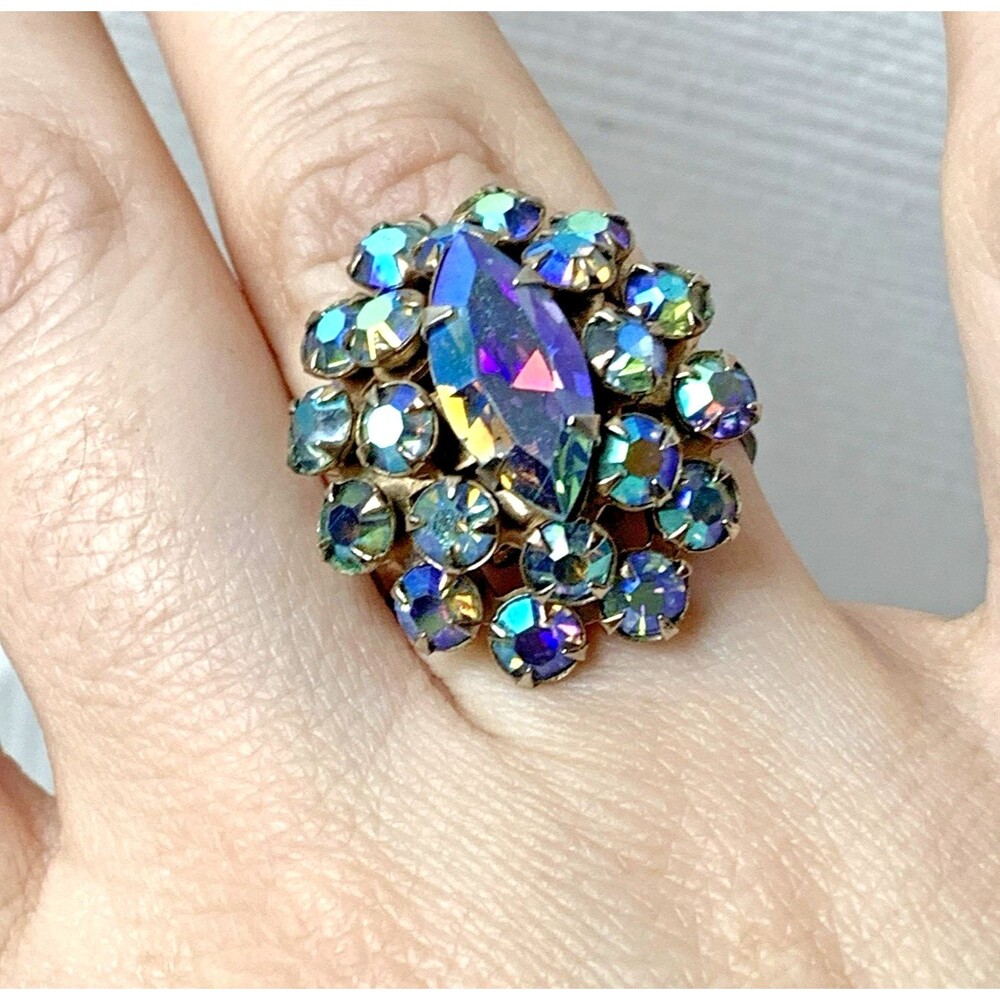 Vintage AB Crystal Cluster Cocktail Statement Ring Size 7 Adjustable Mid Century